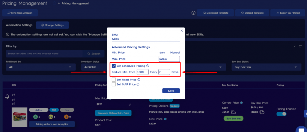 Figure 3 Required Fields For Set Scheduled Pricing Feature