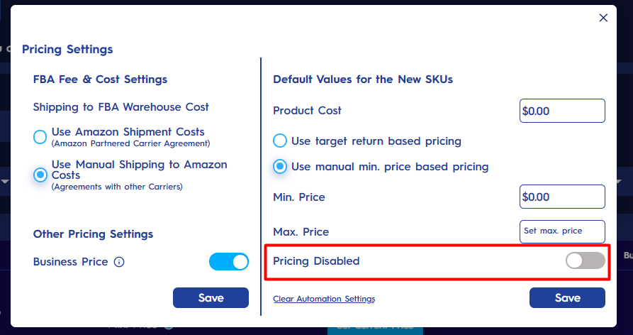 Pricing Disabled Enabled Toggle