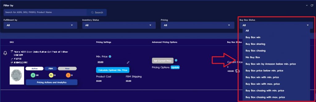 Pricing Management SKU Filters - Eva Buy Box Status Filter 2