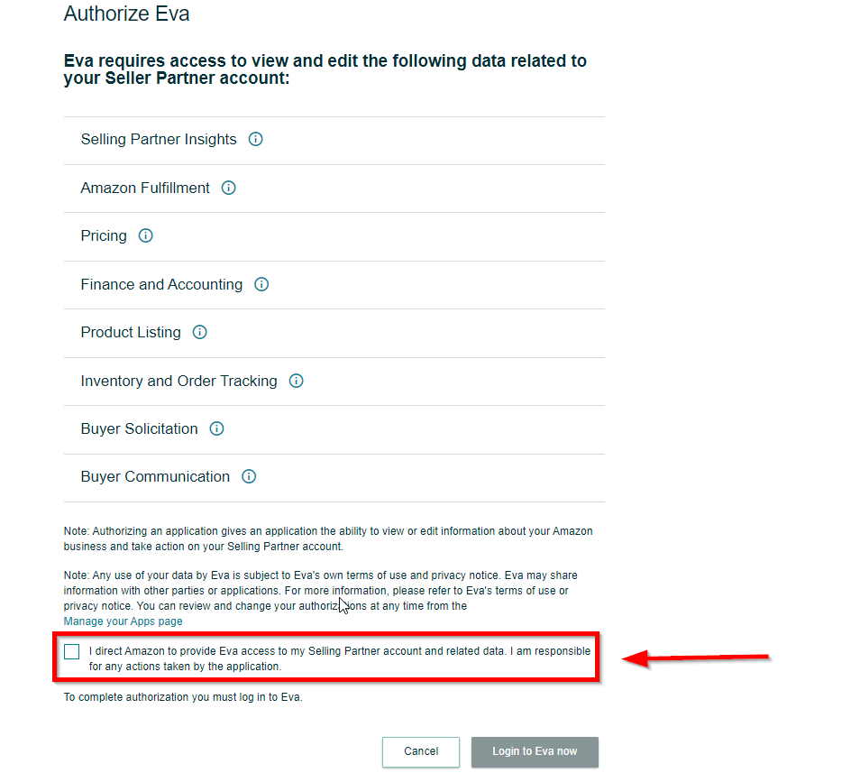 Selecting The Box Above & Clicking The Login To Eva Now Button To Grant Eva Permissions To Your Seller Central Account
