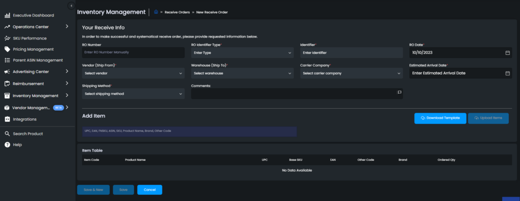 Figure 3 New Receive Order Interface